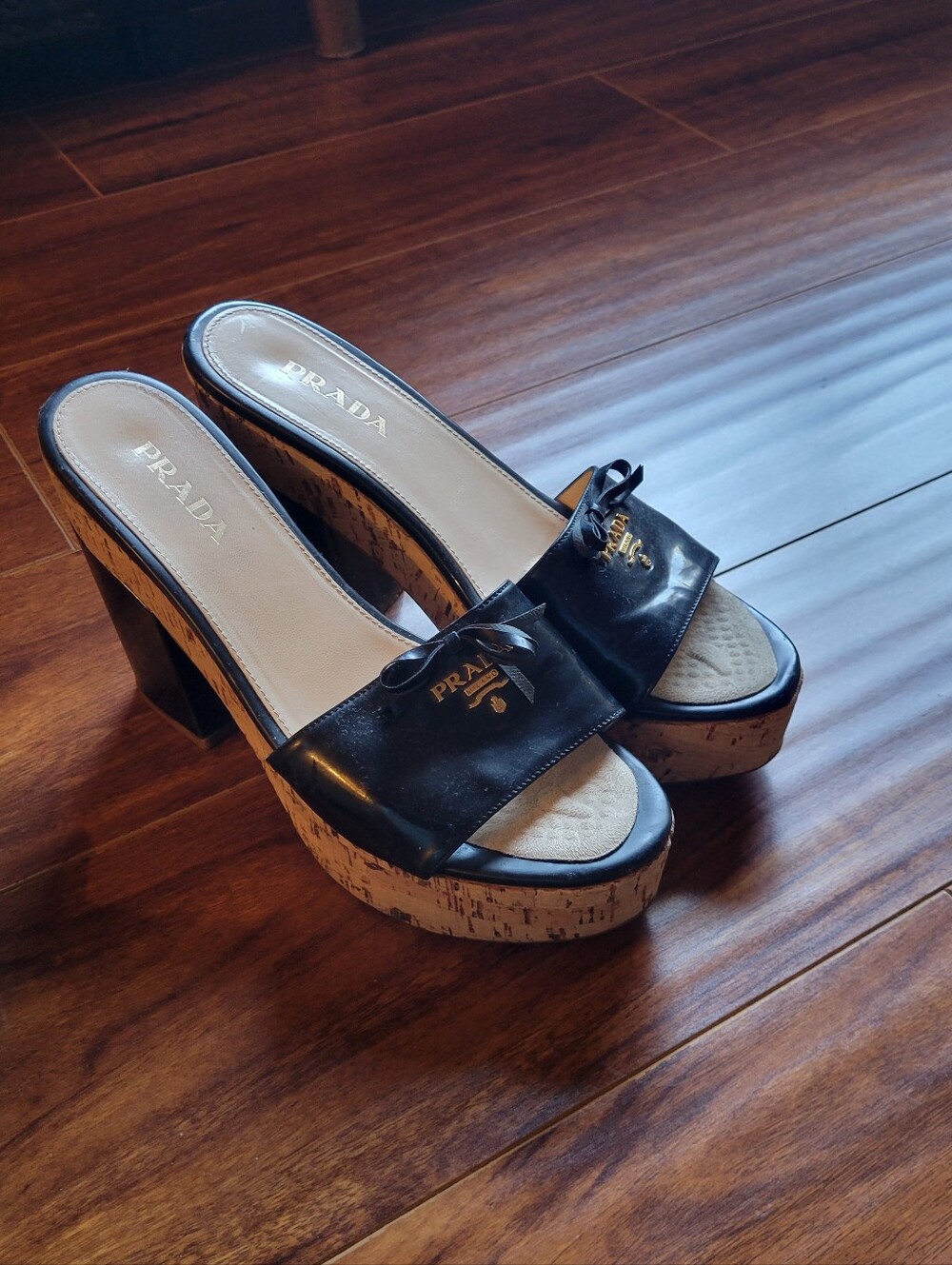 Prada Black Leather Cork Platform Mules with Bow